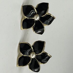 Black Enamel , Gold, and Pearl vintage Flower Clip Earrings.